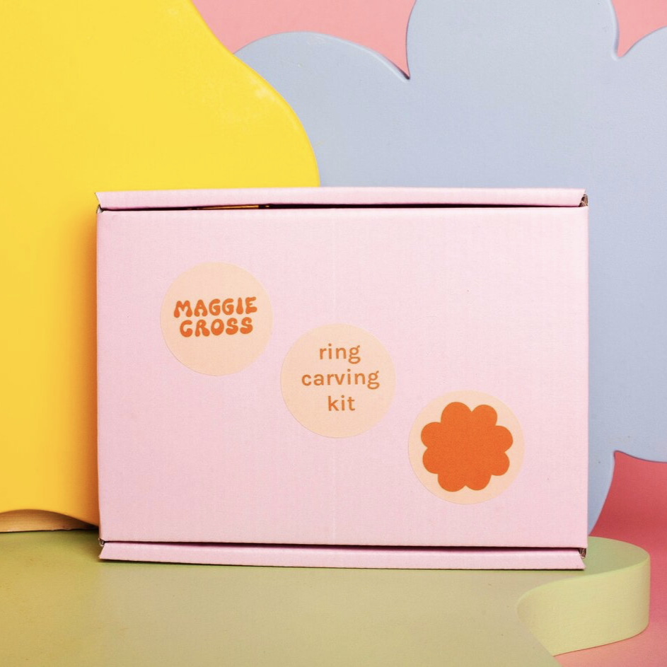 Ring carving kit box with Maggie Cross and ring carving kit stickers